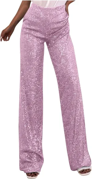 Women's Sparkle Sequin Wide Leg Pants High Waist Shiny Party Clubwear Bling Glitter Trousers Loose Flare Bottom Pants