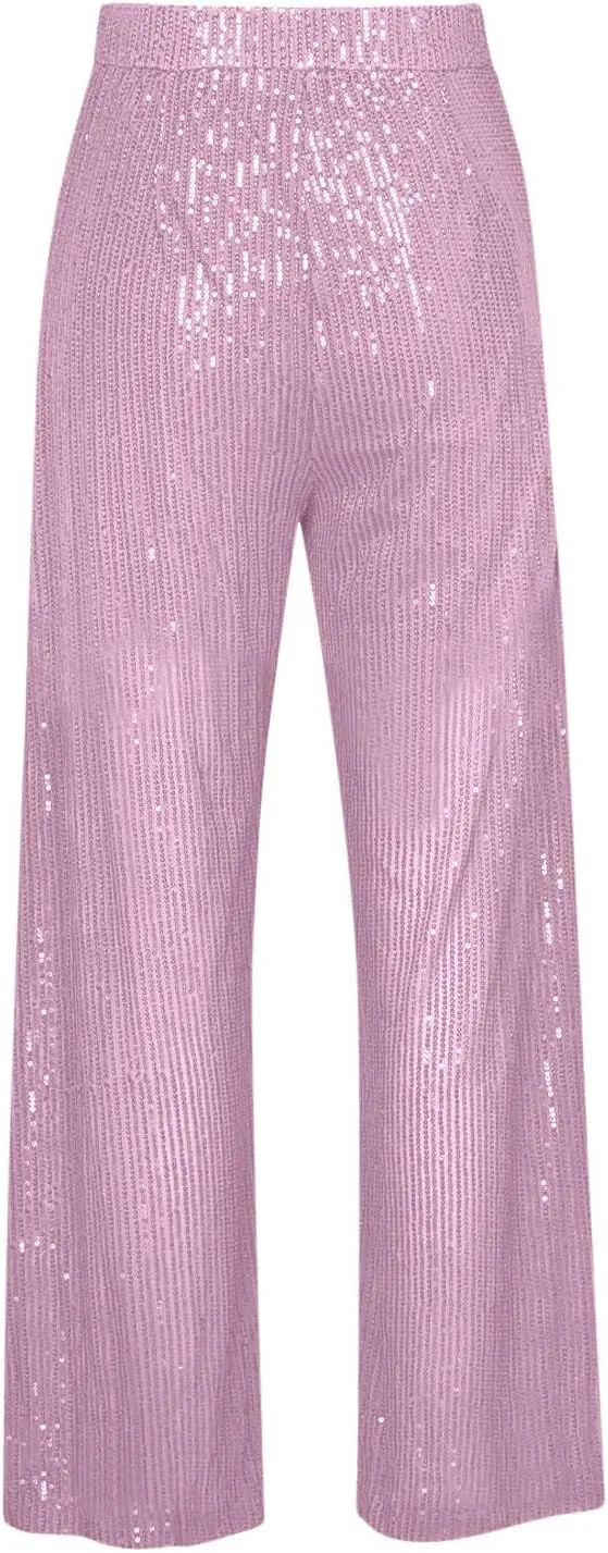 Women's Sparkle Sequin Wide Leg Pants High Waist Shiny Party Clubwear Bling Glitter Trousers Loose Flare Bottom Pants