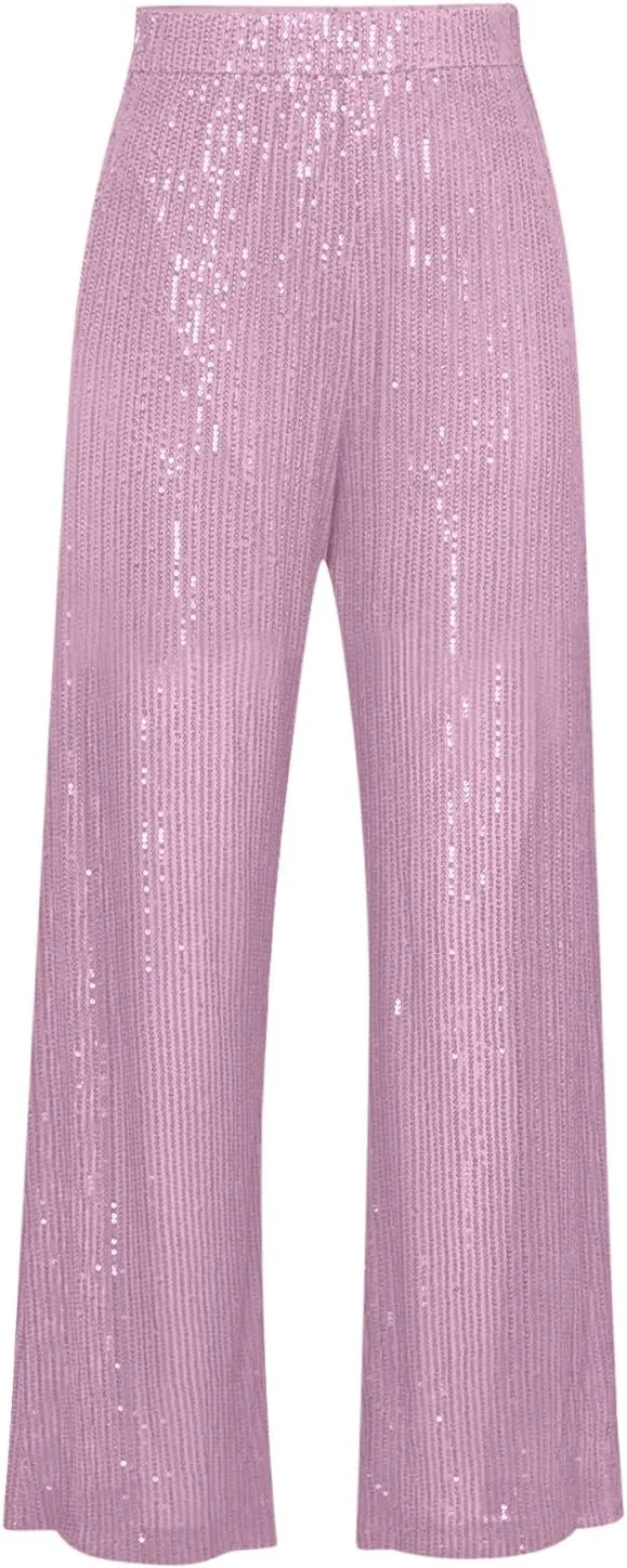 Women's Sparkle Sequin Wide Leg Pants High Waist Shiny Party Clubwear Bling Glitter Trousers Loose Flare Bottom Pants