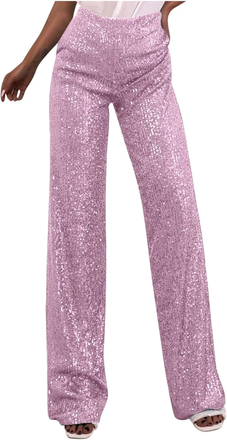Women's Sparkle Sequin Wide Leg Pants High Waist Shiny Party Clubwear Bling Glitter Trousers Loose Flare Bottom Pants