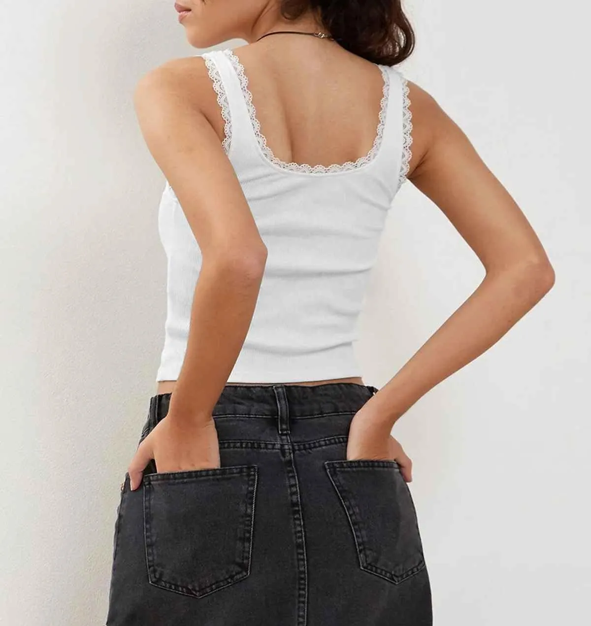 Women's Square Neck Lace Patchwork Sleeveless Ribbed Trim Crop Cami Tank Y2K Tight Fitted Bow Shirts Top