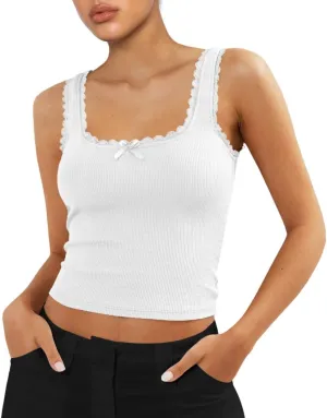 Women's Square Neck Lace Patchwork Sleeveless Ribbed Trim Crop Cami Tank Y2K Tight Fitted Bow Shirts Top