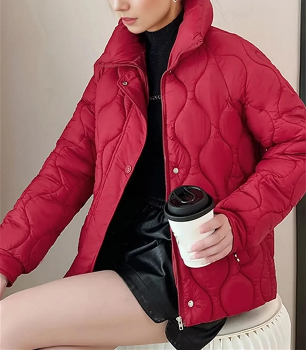 Women's Stand Collar Stripe Cotton-Padded Jacket Casual Long Sleeve Solid Parka Coat