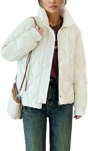 Women's Stand Collar Stripe Cotton-Padded Jacket Casual Long Sleeve Solid Parka Coat