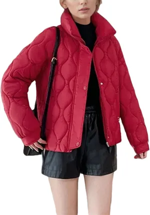 Women's Stand Collar Stripe Cotton-Padded Jacket Casual Long Sleeve Solid Parka Coat
