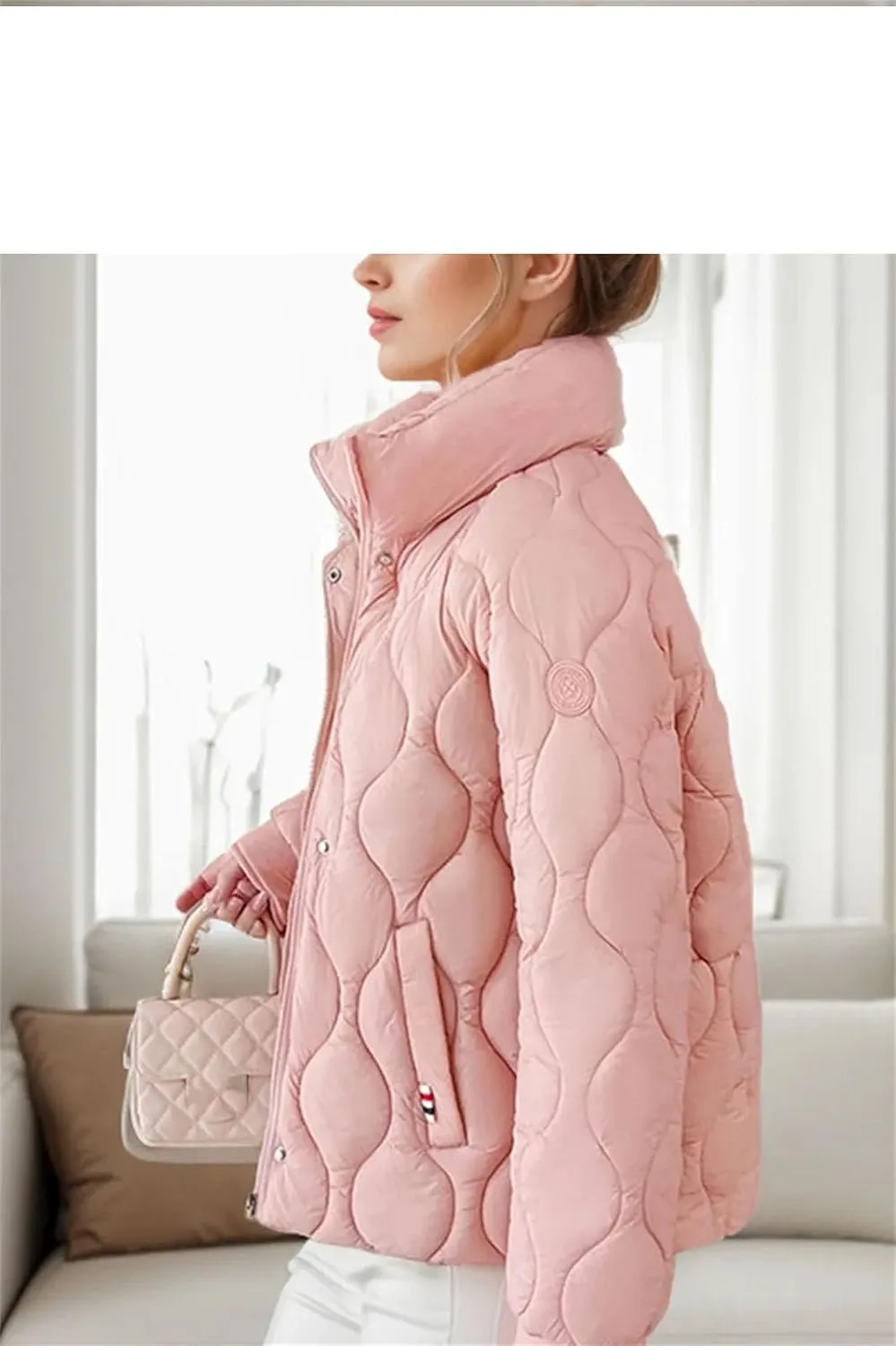 Women's Stand Collar Stripe Cotton-Padded Jacket Casual Long Sleeve Solid Parka Coat