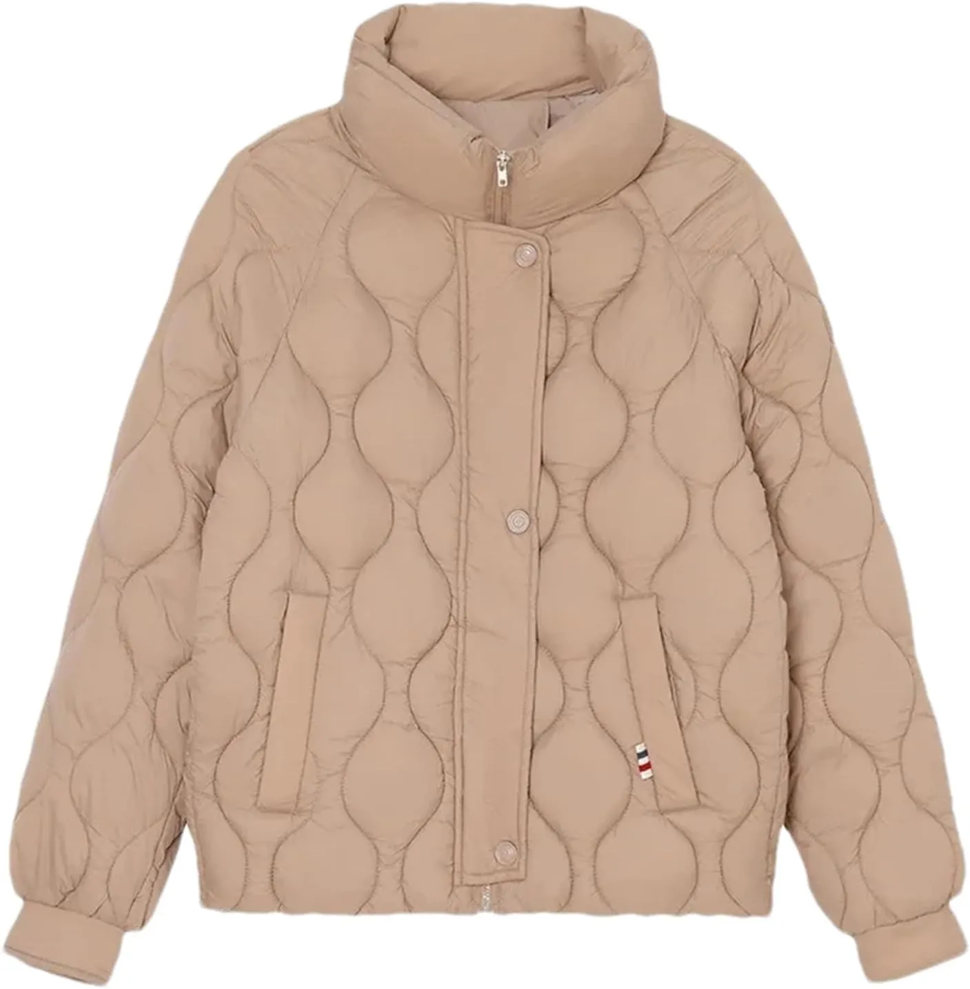 Women's Stand Collar Stripe Cotton-Padded Jacket Casual Long Sleeve Solid Parka Coat