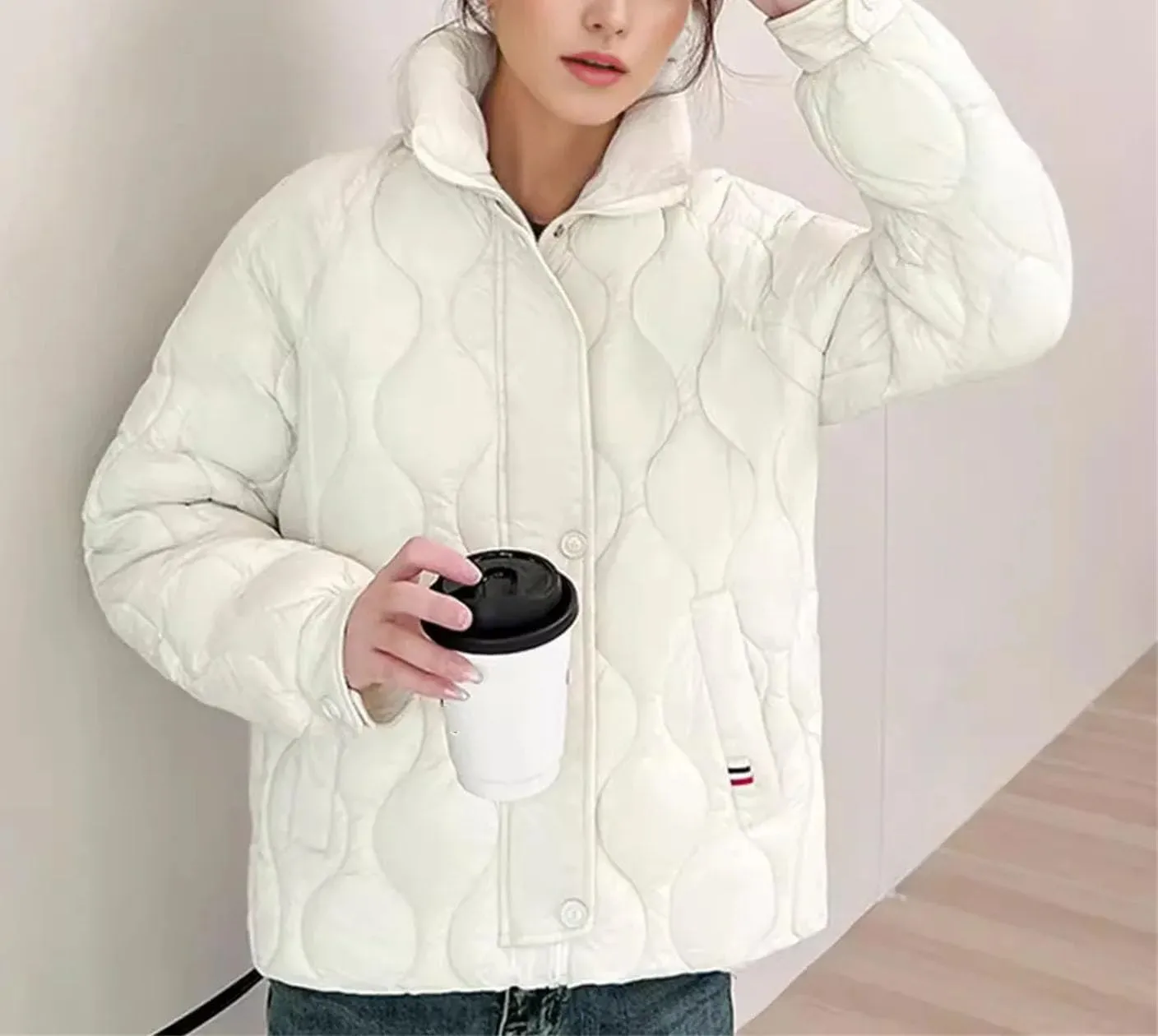 Women's Stand Collar Stripe Cotton-Padded Jacket Casual Long Sleeve Solid Parka Coat