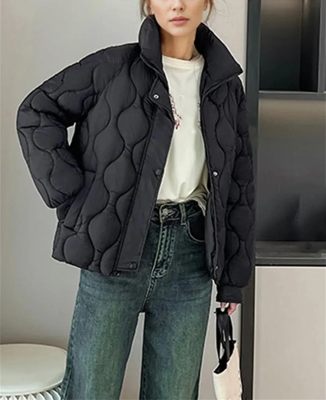 Women's Stand Collar Stripe Cotton-Padded Jacket Casual Long Sleeve Solid Parka Coat