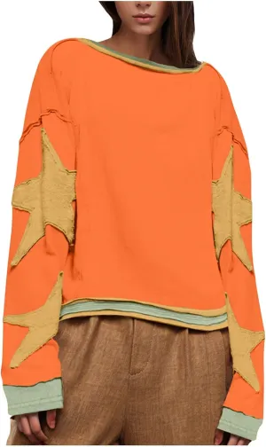 Women's Stars Patchwork Sweatshirt Casual Loose Round Neck Long Sleeve Pullover Fashion Y2K Loose Tops