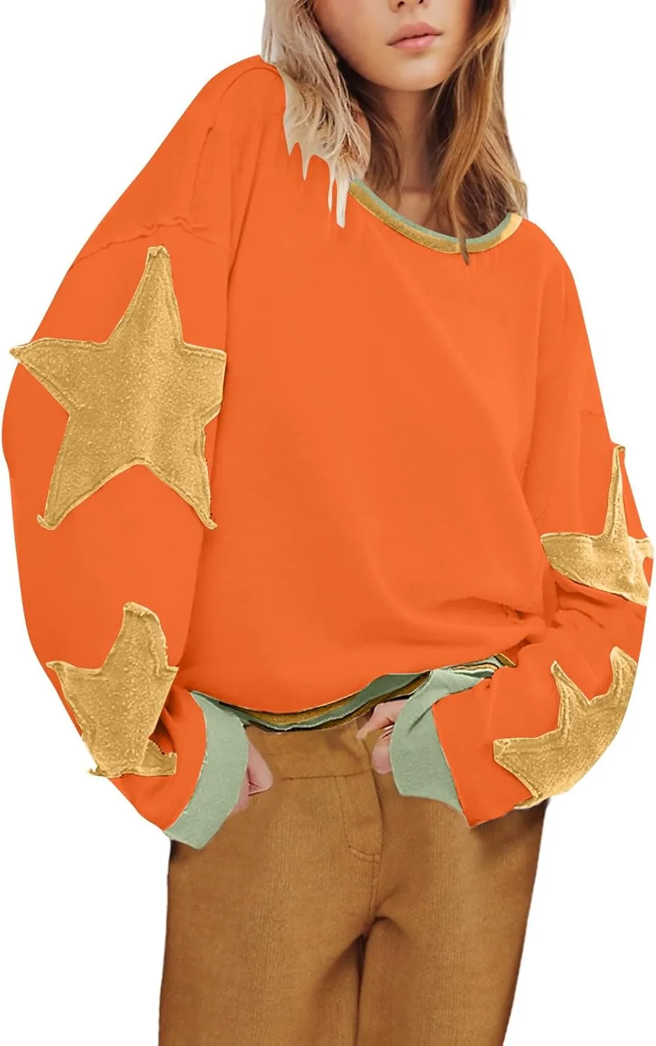 Women's Stars Patchwork Sweatshirt Casual Loose Round Neck Long Sleeve Pullover Fashion Y2K Loose Tops