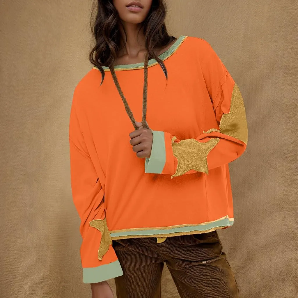 Women's Stars Patchwork Sweatshirt Casual Loose Round Neck Long Sleeve Pullover Fashion Y2K Loose Tops