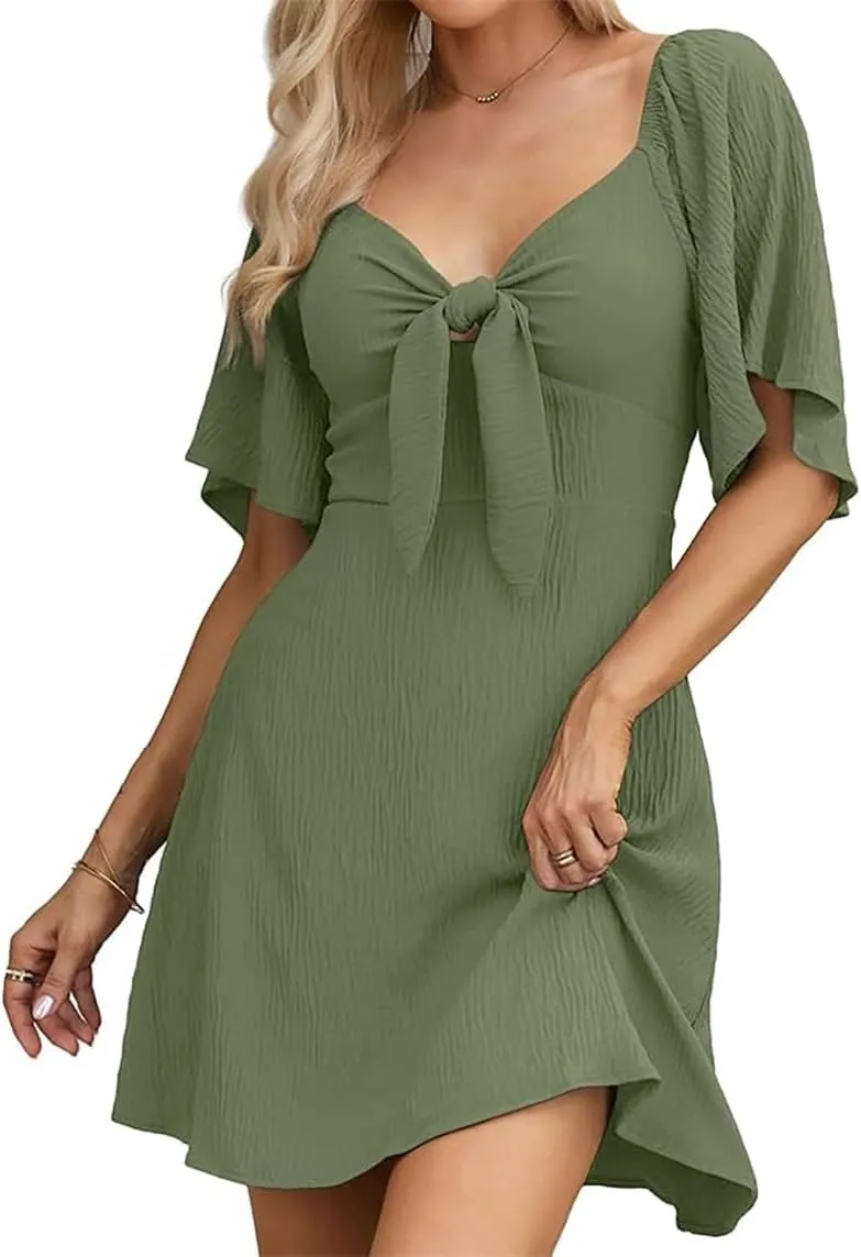 Womens Summer Casual Mini Dress Flutter Short Sleeve Deep V Neck Knot Front Flowy Short Dresses