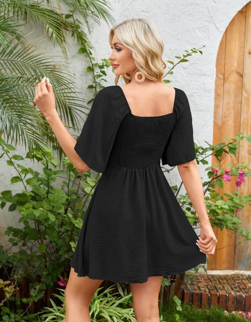 Womens Summer Casual Mini Dress Flutter Short Sleeve Deep V Neck Knot Front Flowy Short Dresses