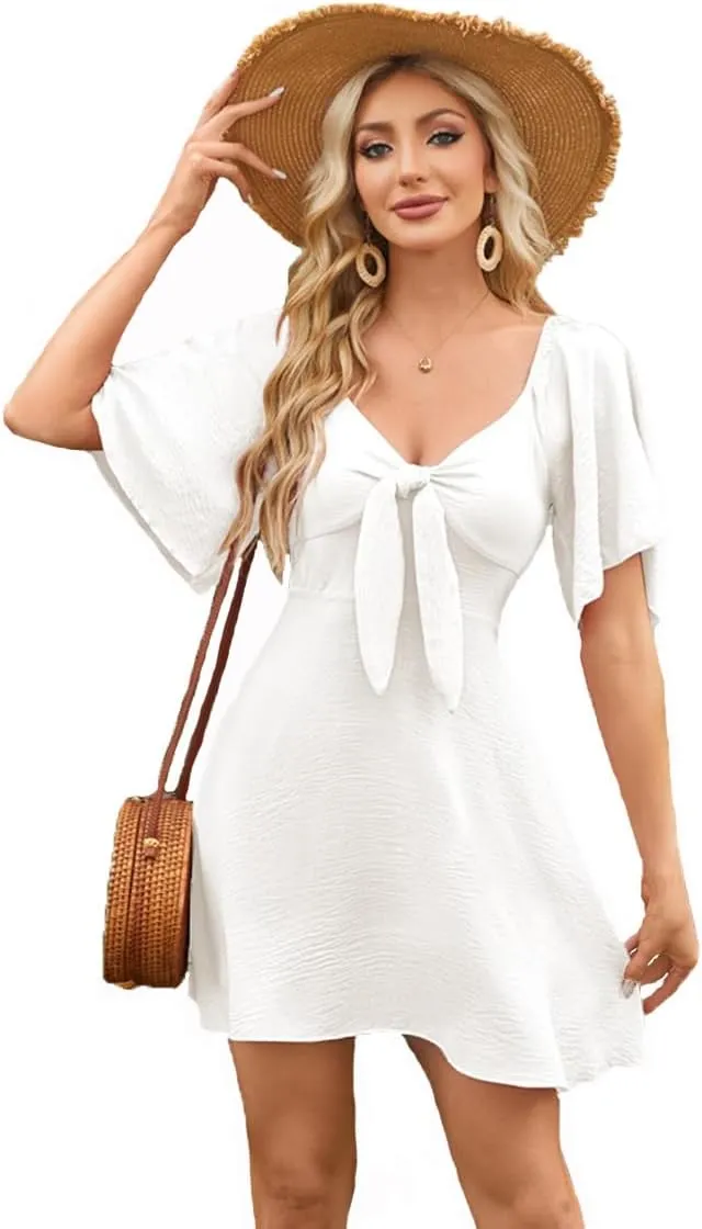 Womens Summer Casual Mini Dress Flutter Short Sleeve Deep V Neck Knot Front Flowy Short Dresses