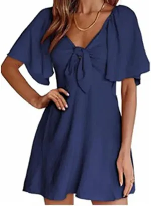 Womens Summer Casual Mini Dress Flutter Short Sleeve Deep V Neck Knot Front Flowy Short Dresses