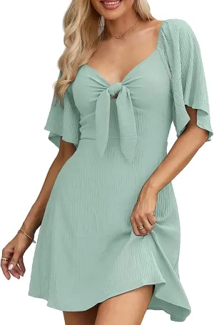 Womens Summer Casual Mini Dress Flutter Short Sleeve Deep V Neck Knot Front Flowy Short Dresses