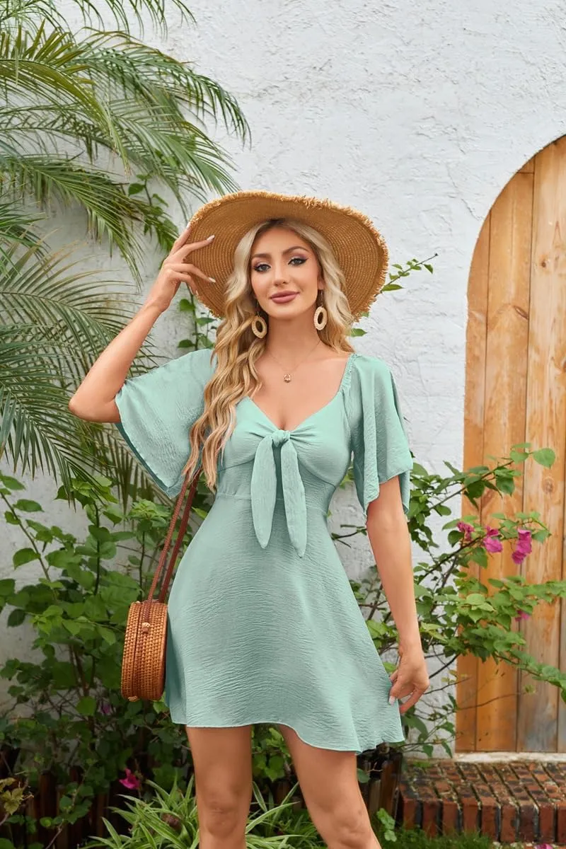 Womens Summer Casual Mini Dress Flutter Short Sleeve Deep V Neck Knot Front Flowy Short Dresses