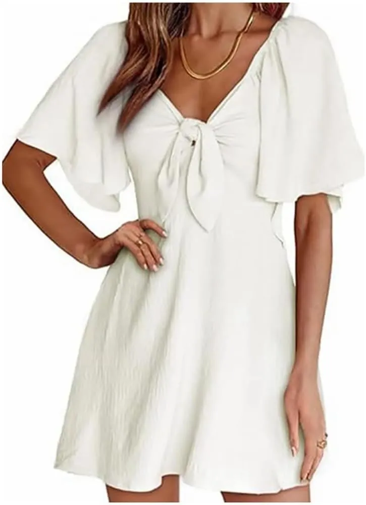 Womens Summer Casual Mini Dress Flutter Short Sleeve Deep V Neck Knot Front Flowy Short Dresses