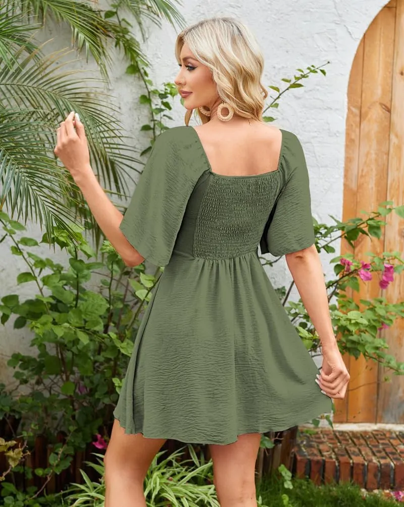 Womens Summer Casual Mini Dress Flutter Short Sleeve Deep V Neck Knot Front Flowy Short Dresses