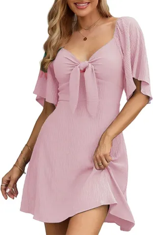 Womens Summer Casual Mini Dress Flutter Short Sleeve Deep V Neck Knot Front Flowy Short Dresses