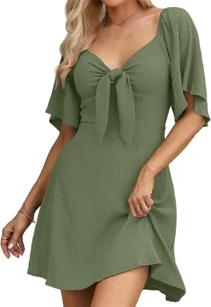 Womens Summer Casual Mini Dress Flutter Short Sleeve Deep V Neck Knot Front Flowy Short Dresses