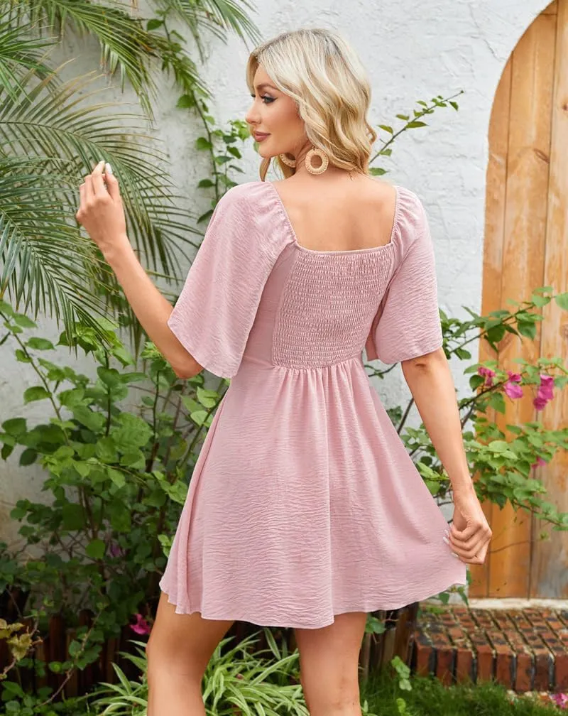 Womens Summer Casual Mini Dress Flutter Short Sleeve Deep V Neck Knot Front Flowy Short Dresses