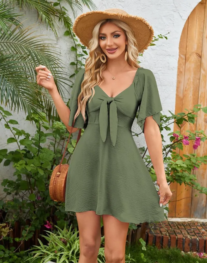 Womens Summer Casual Mini Dress Flutter Short Sleeve Deep V Neck Knot Front Flowy Short Dresses
