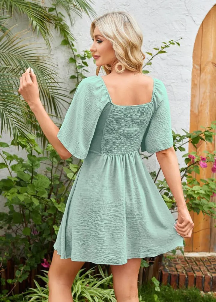 Womens Summer Casual Mini Dress Flutter Short Sleeve Deep V Neck Knot Front Flowy Short Dresses