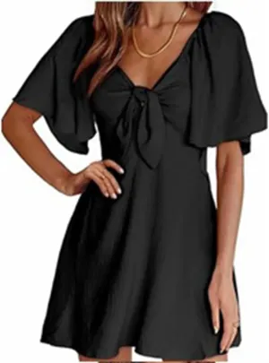 Womens Summer Casual Mini Dress Flutter Short Sleeve Deep V Neck Knot Front Flowy Short Dresses