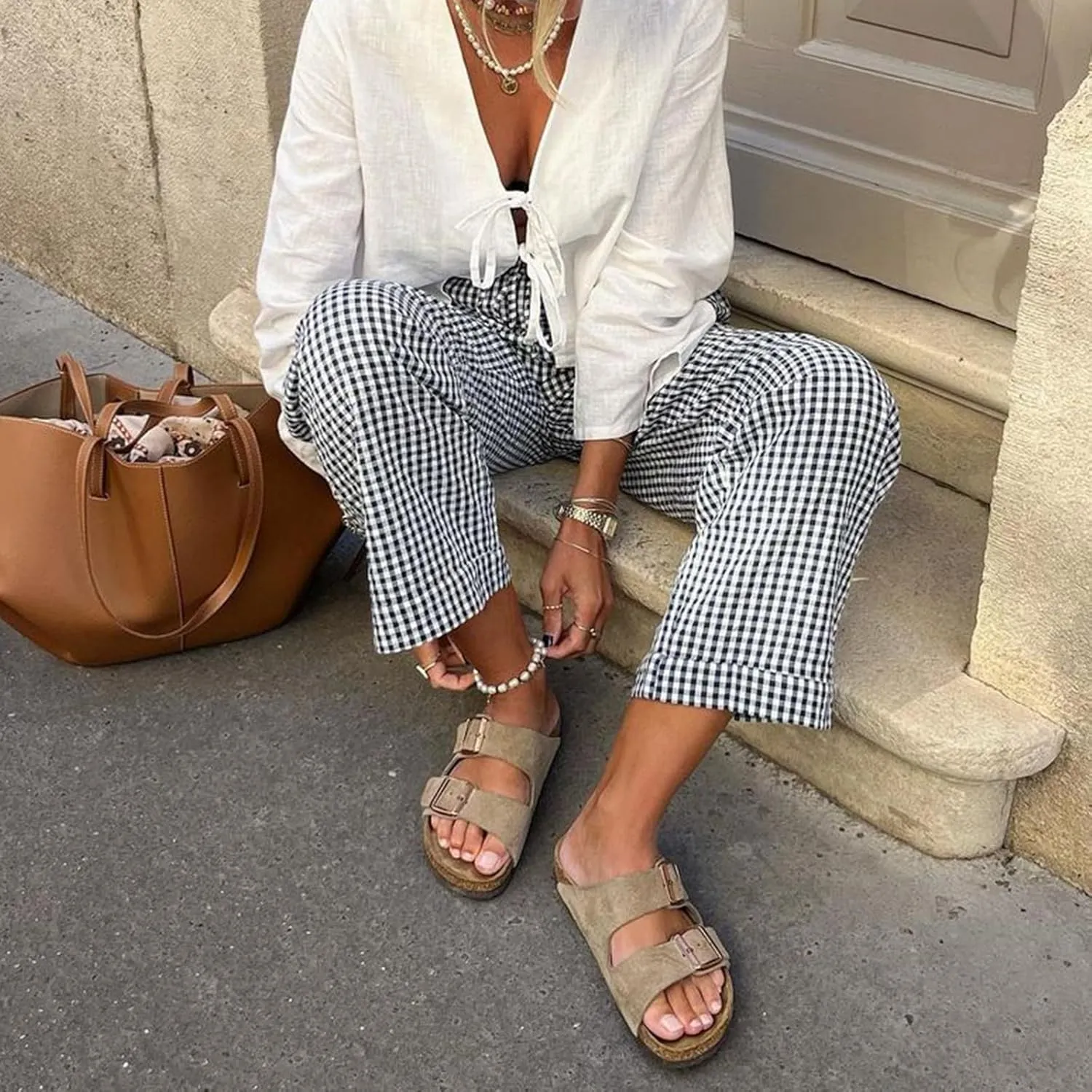 Women's Summer Casual Pants Plaid Drawstring High Waist Straight Leg Trousers Daily Lounging Streetwear