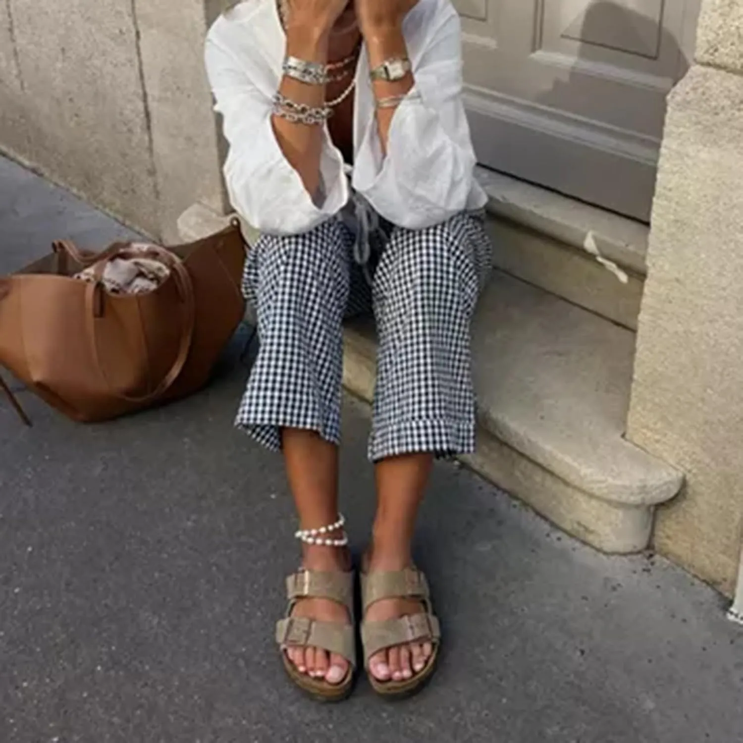 Women's Summer Casual Pants Plaid Drawstring High Waist Straight Leg Trousers Daily Lounging Streetwear