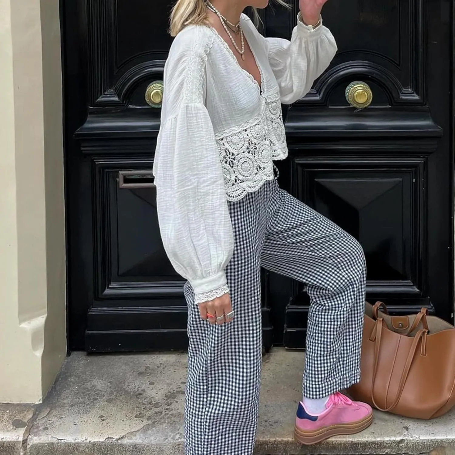 Women's Summer Casual Pants Plaid Drawstring High Waist Straight Leg Trousers Daily Lounging Streetwear
