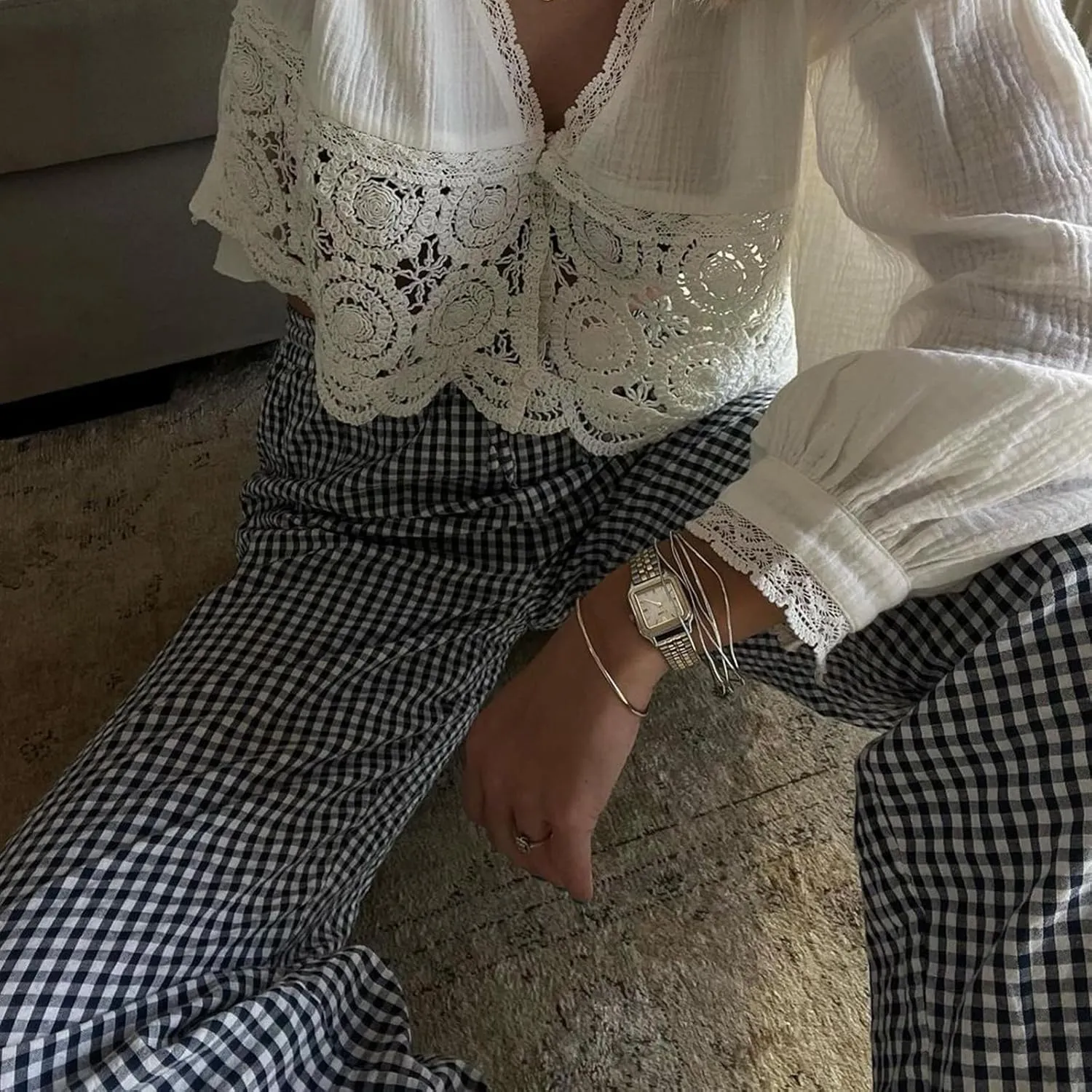 Women's Summer Casual Pants Plaid Drawstring High Waist Straight Leg Trousers Daily Lounging Streetwear