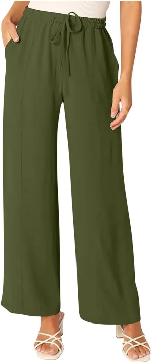 Women's Summer Casual Solid Color Cotton Linen Trousers Drawstring Elastic High Waist Wide Leg Pants with 4 Pockets