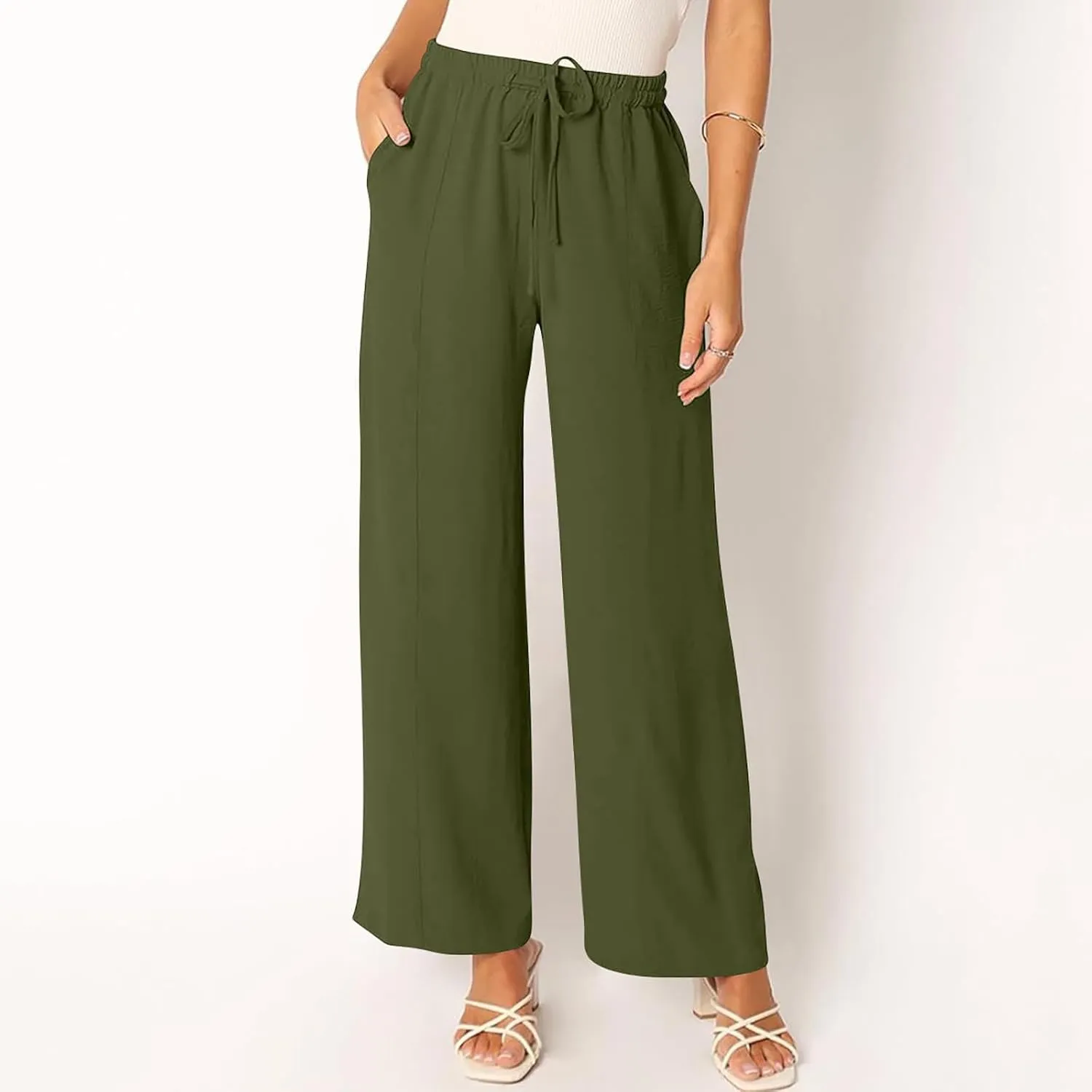 Women's Summer Casual Solid Color Cotton Linen Trousers Drawstring Elastic High Waist Wide Leg Pants with 4 Pockets