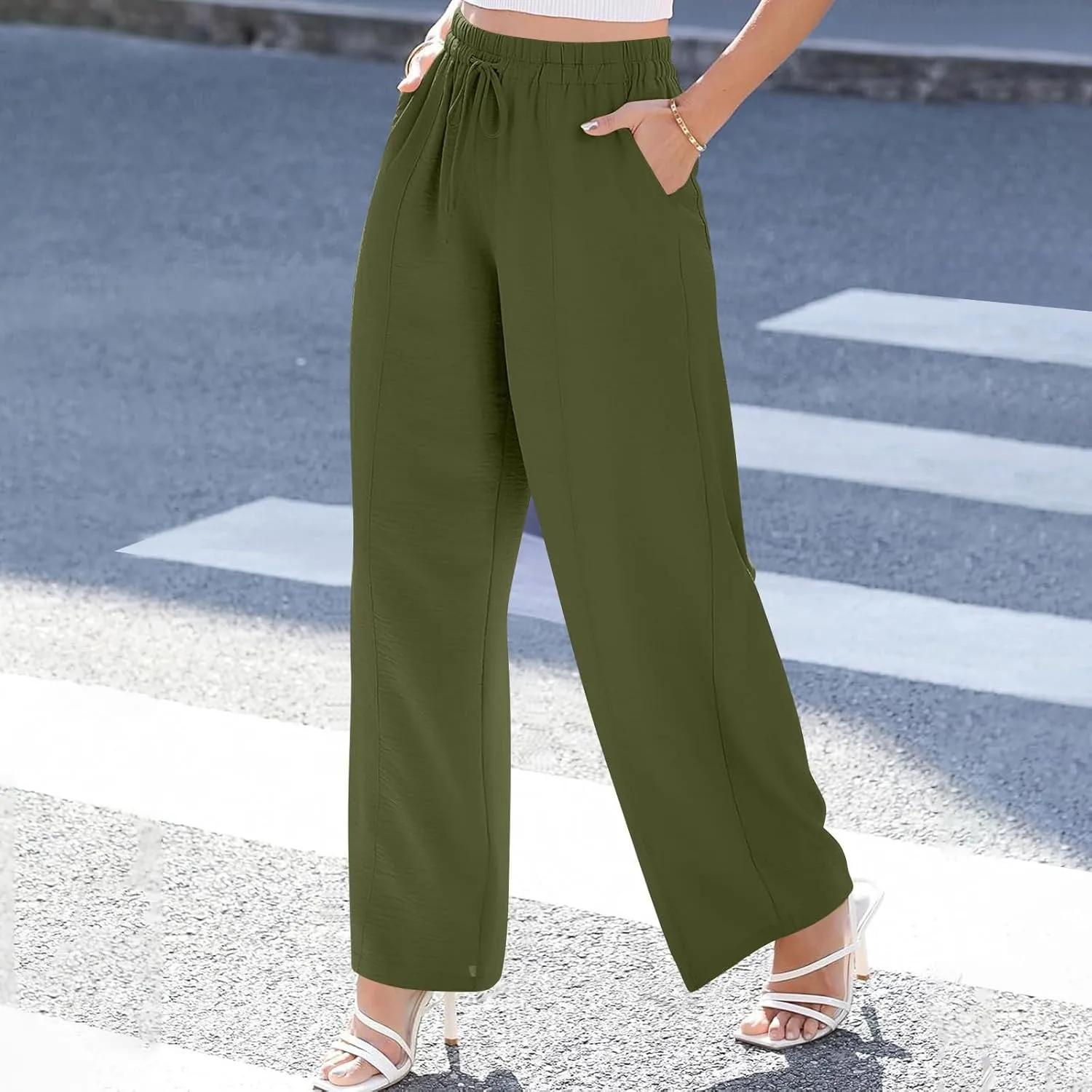 Women's Summer Casual Solid Color Cotton Linen Trousers Drawstring Elastic High Waist Wide Leg Pants with 4 Pockets