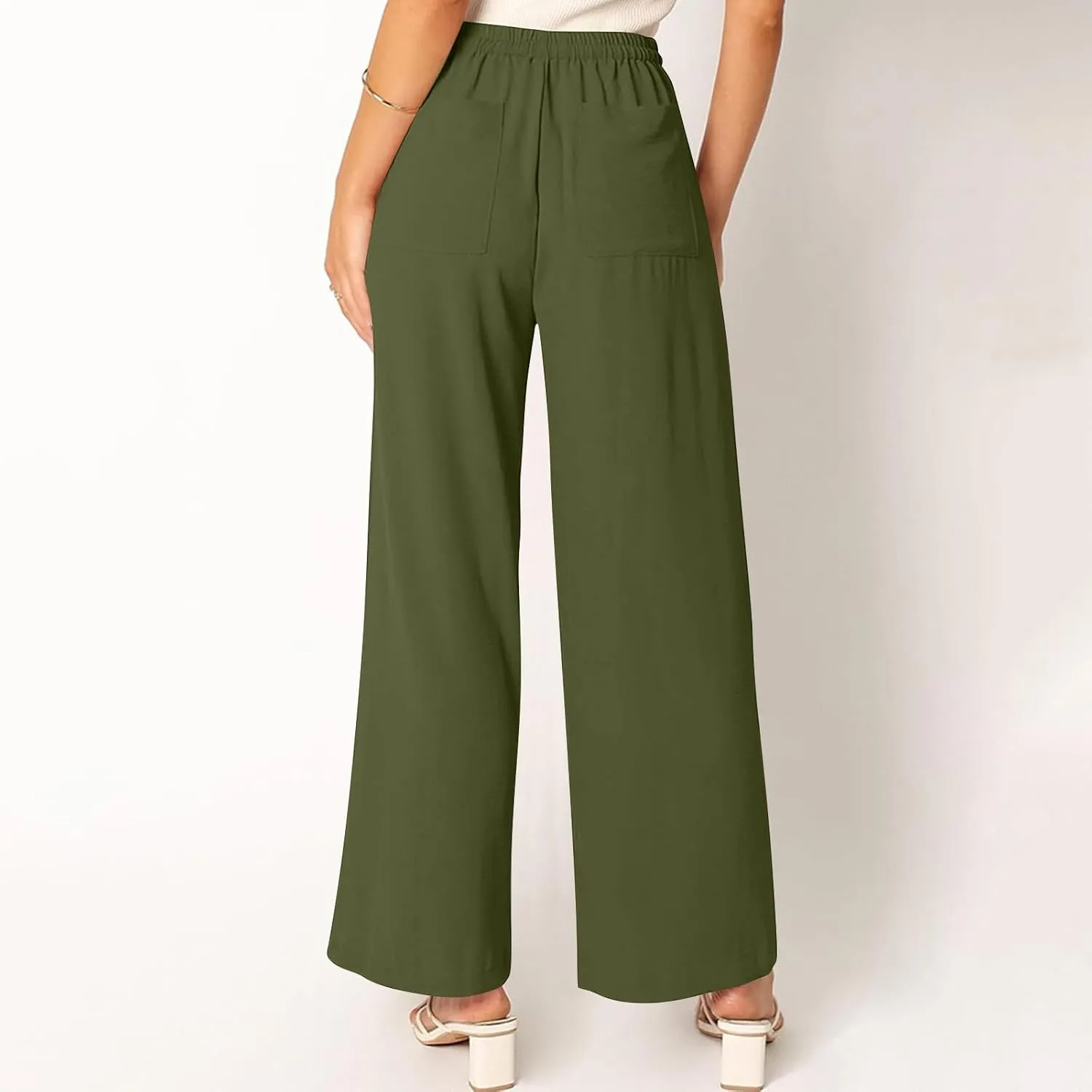 Women's Summer Casual Solid Color Cotton Linen Trousers Drawstring Elastic High Waist Wide Leg Pants with 4 Pockets