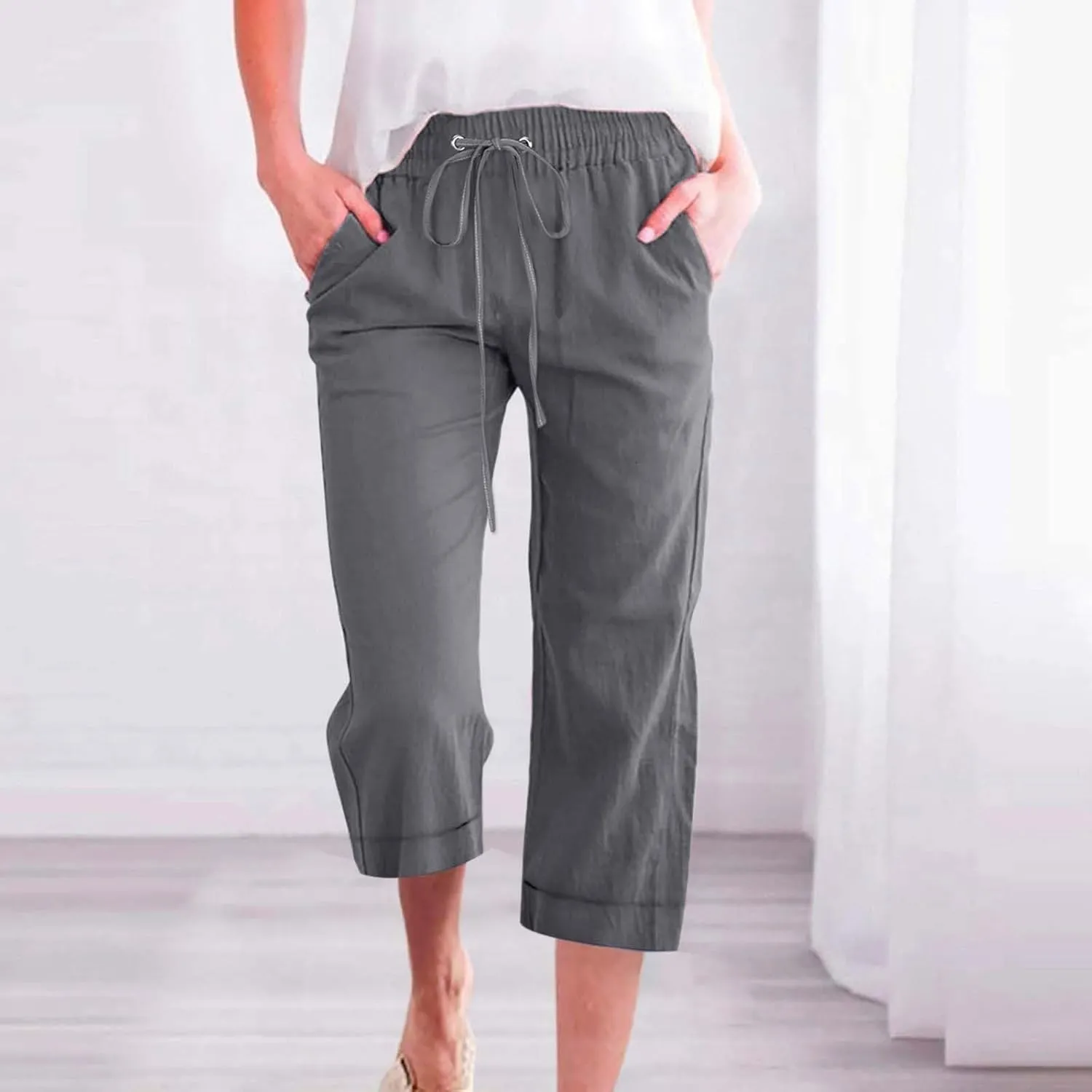 Womens Summer Linen Capri Pants 3/4 Length Flowy High Waisted Stretch Trouser Cotton Linen Athletic Casual Sweatpants