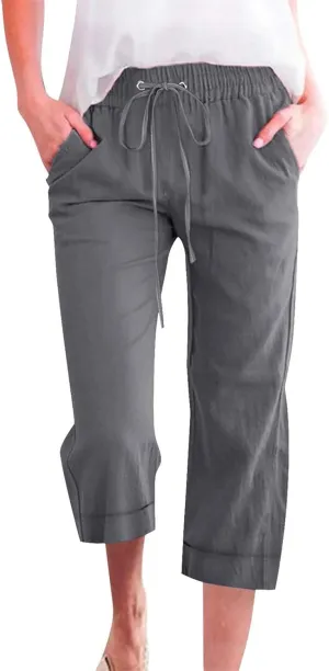 Womens Summer Linen Capri Pants 3/4 Length Flowy High Waisted Stretch Trouser Cotton Linen Athletic Casual Sweatpants