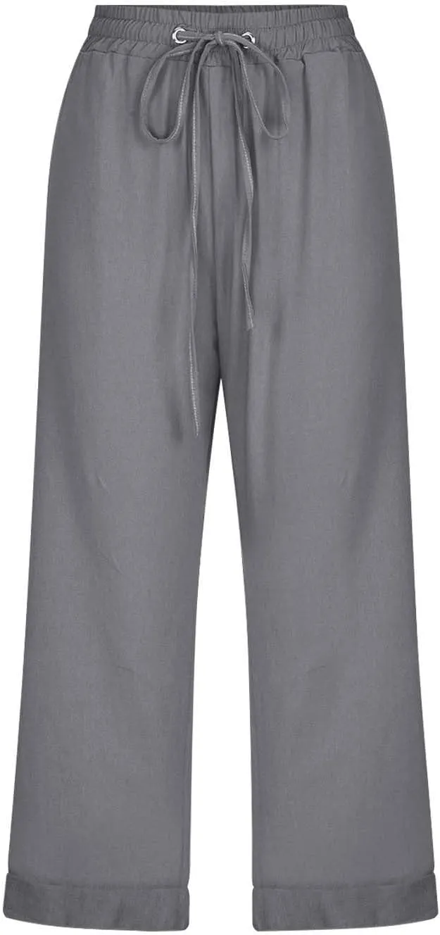 Womens Summer Linen Capri Pants 3/4 Length Flowy High Waisted Stretch Trouser Cotton Linen Athletic Casual Sweatpants