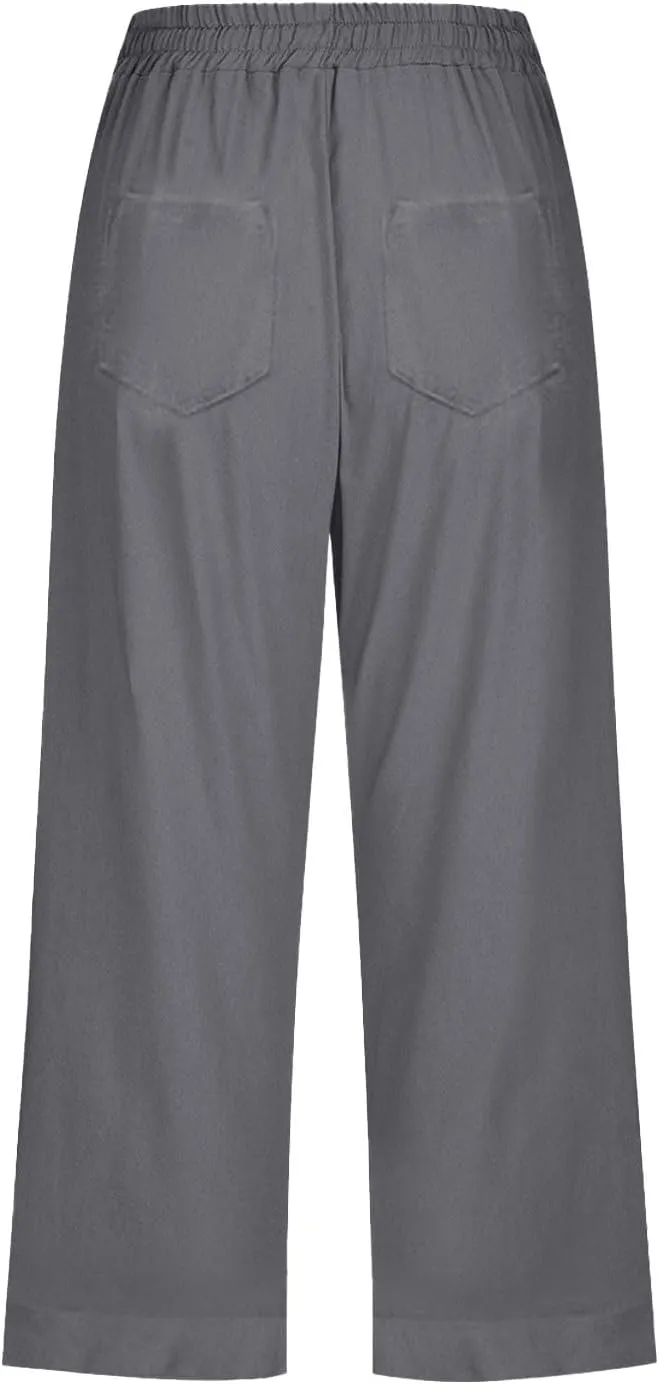 Womens Summer Linen Capri Pants 3/4 Length Flowy High Waisted Stretch Trouser Cotton Linen Athletic Casual Sweatpants
