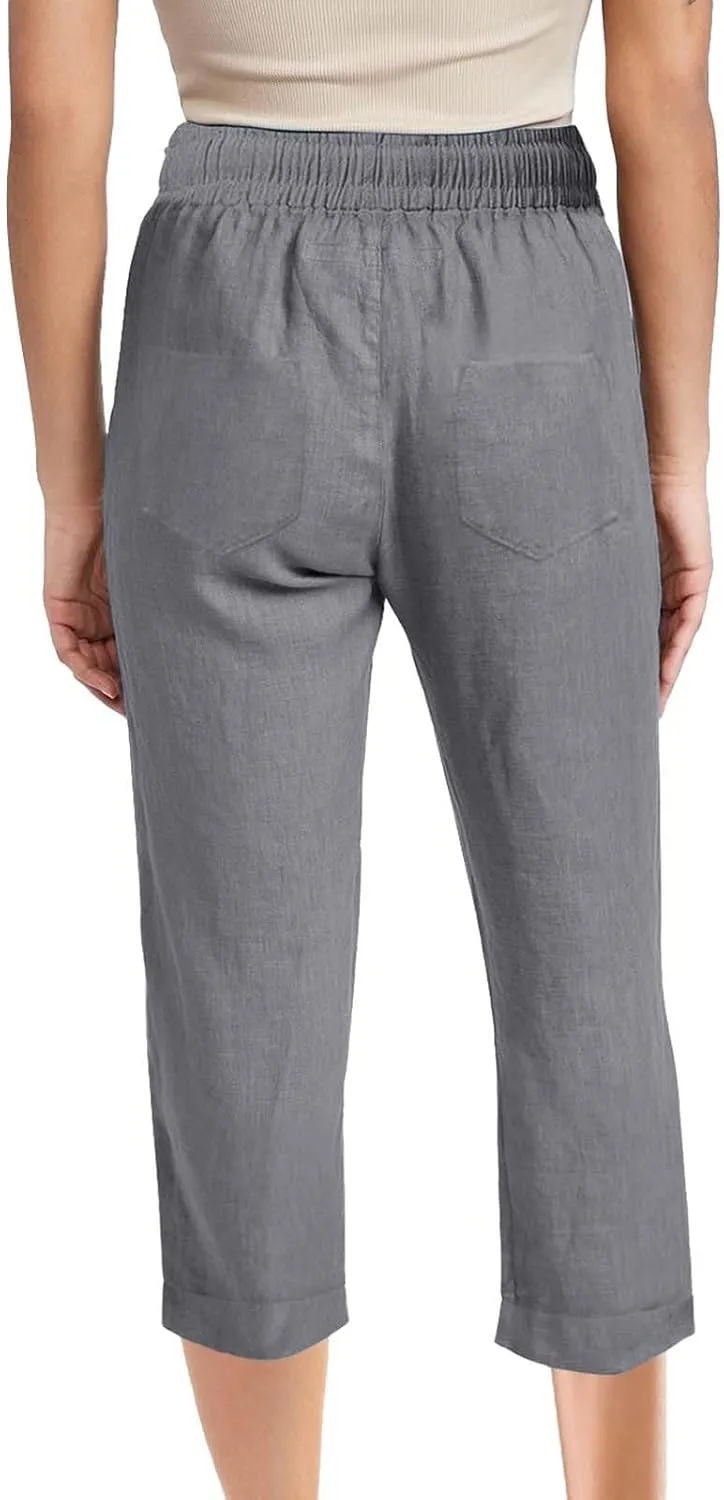 Womens Summer Linen Capri Pants 3/4 Length Flowy High Waisted Stretch Trouser Cotton Linen Athletic Casual Sweatpants