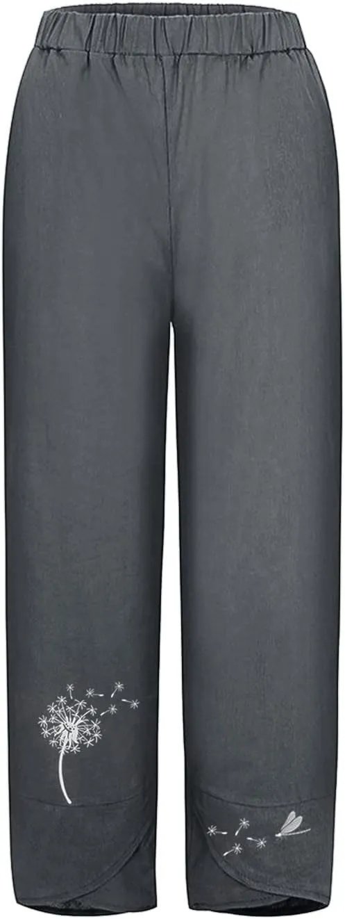 Womens Summer Wide Leg Linen Cropped Pant Dandelions Graphic Tulip Hem Trousers Lightweight Loose Fit Outfits with Pockets