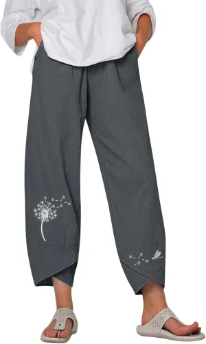 Womens Summer Wide Leg Linen Cropped Pant Dandelions Graphic Tulip Hem Trousers Lightweight Loose Fit Outfits with Pockets