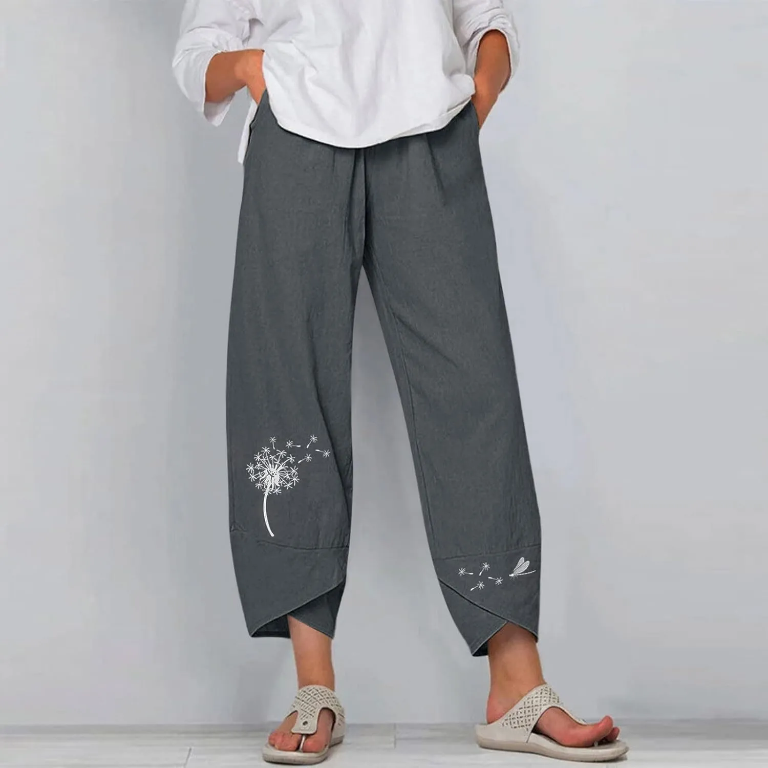 Womens Summer Wide Leg Linen Cropped Pant Dandelions Graphic Tulip Hem Trousers Lightweight Loose Fit Outfits with Pockets