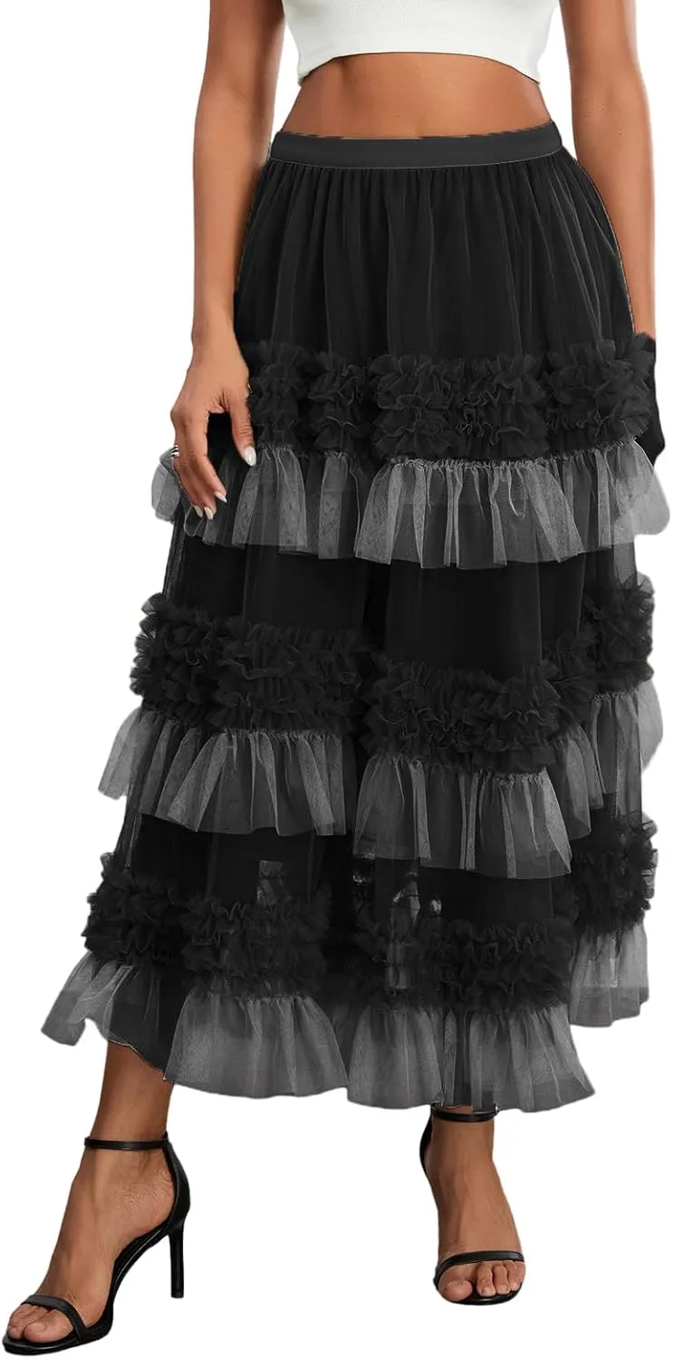Women's Tulle Midi Skirt Elastic High Waist Layered Pleated Mesh Flowy A-Line Prom Party Long Tutu Skirts