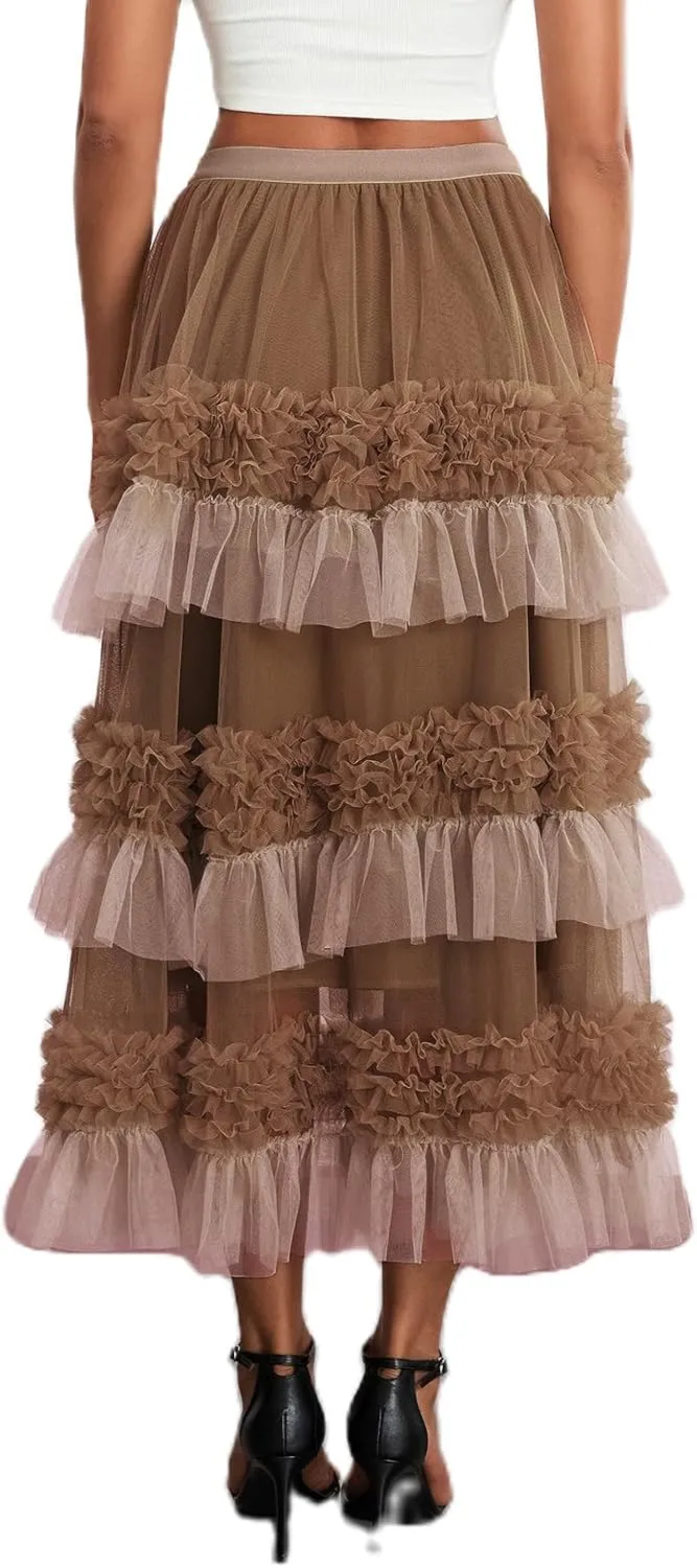 Women's Tulle Midi Skirt Elastic High Waist Layered Pleated Mesh Flowy A-Line Prom Party Long Tutu Skirts