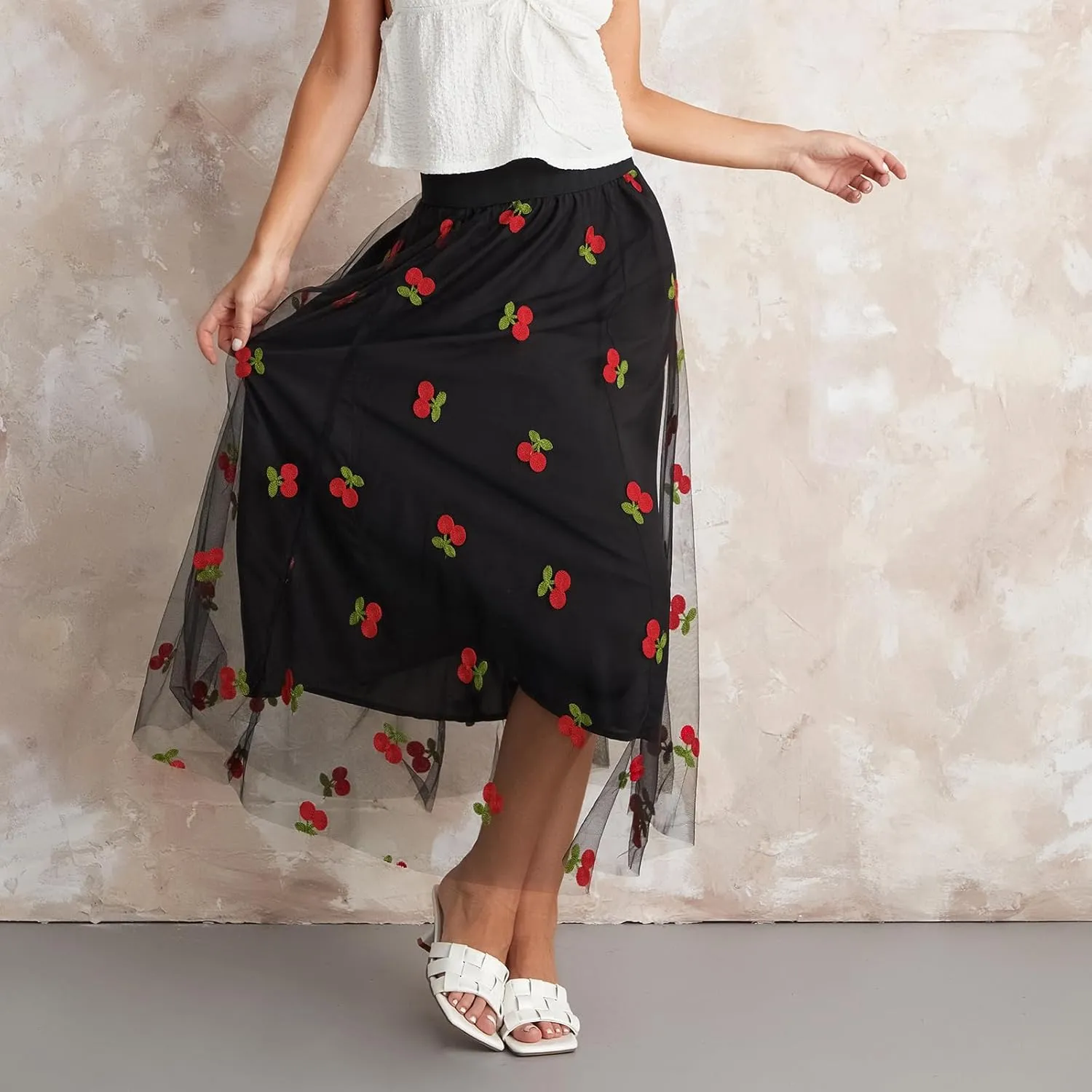Women's Tulle Midi Skirt Elastic High Waist Layered Pleated Mesh Flowy A-Line Prom Party Long Tutu Skirts