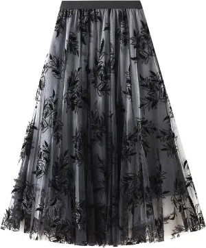 Women's Tulle Midi Skirt Elastic High Waist Layered Pleated Mesh Flowy A-Line Prom Party Long Tutu Skirts